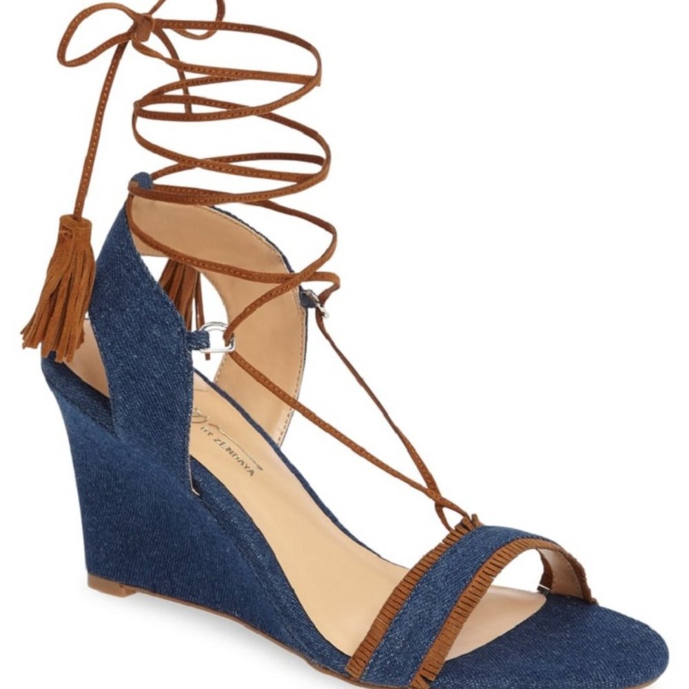Daya By Zendaya Mesa Ankle Wrap Wedge Sandal Denim Blue Sz 10 NEW